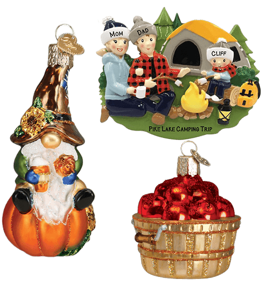 Fall Themed Ornaments including New for 2023 Fall Gnome sitting on Pumpkin from Old World Christmas, glass apple bushel, and family of three camping personalized ornament 
