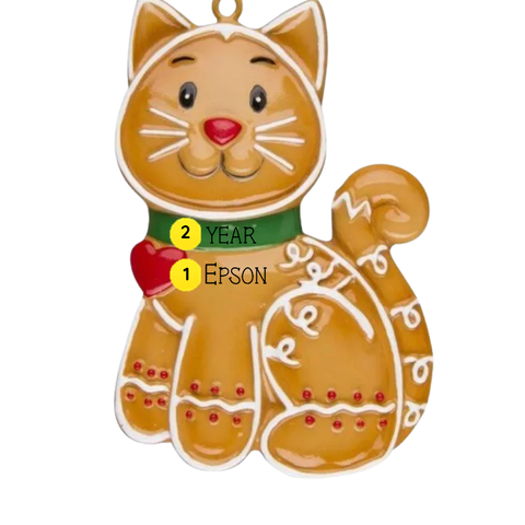 Gingerbread-style cat ornament with sample personalization placement showing a name on the body and year on the green collar.
