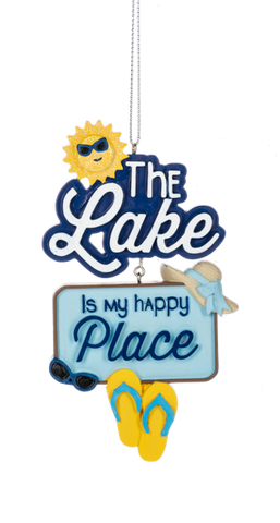 Lake Is My Happy Place ornament with blue layered lettering, smiling sun, sunglasses, hat, flip flops, and hanging string.