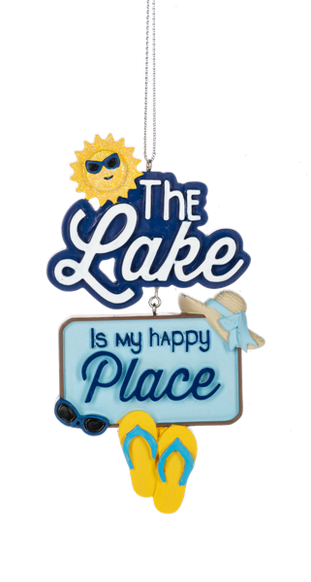 Lake Is My Happy Place ornament with blue layered lettering, smiling sun, sunglasses, hat, flip flops, and hanging string.