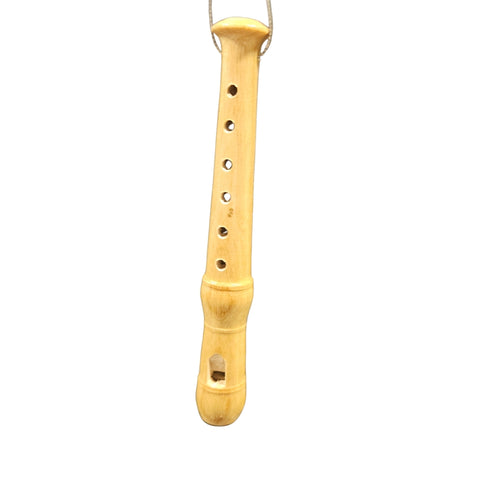 Light wood recorder ornament with carved finger holes and natural wood finish hanging from a cord.