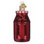 Red glass bottle ornament with a gold cap on a white background