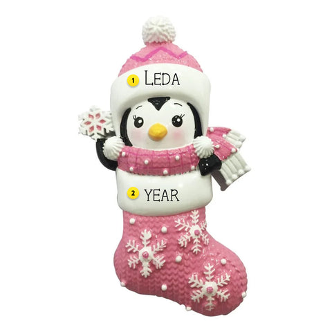 Penguin in Stocking Ornament Personalized View