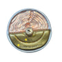 Personalized canned tuna ornament shown from above with “Hooked on Christmas” and year placement examples on the open gold can lid.