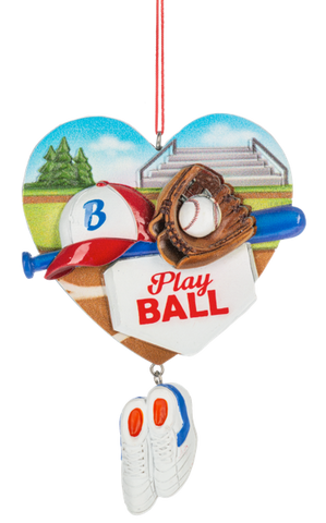 Heart-shaped baseball ornament with a cap, bat, glove, baseball, “Play Ball” home plate, and dangling white cleats.
