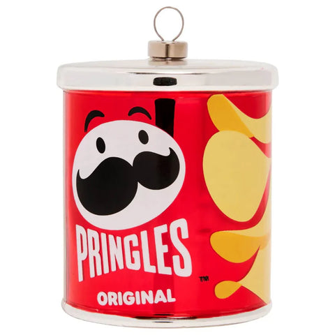 Glass Pringles™ Original can ornament with a red finish, white logo, and classic chip can design on the front.