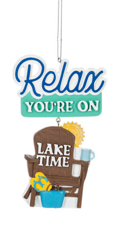 Relax You’re on Lake Time ornament with blue and green layered lettering, Adirondack chair, drink, bucket, flip flops, sun, and hanging string.
