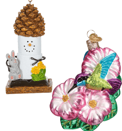 Original S'mores Ornament with pinecone on head, and a bunny and yellow flowers at base. Glass Hummingbird Ornament from Old World Christmas hoovering around 3 pink flowers