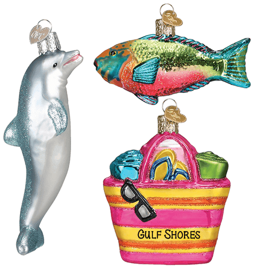 Glass Old World Christmas ornaments parrot fish, dolphin, and personalized beach bag. 