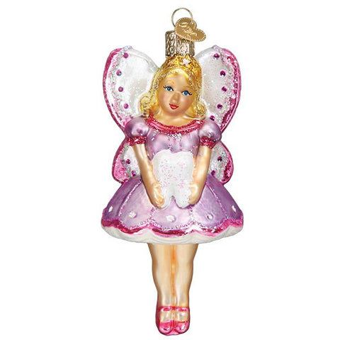 Old World Christmas Glass Tooth Fairy Ornament decked out in her pink frilly dress. 