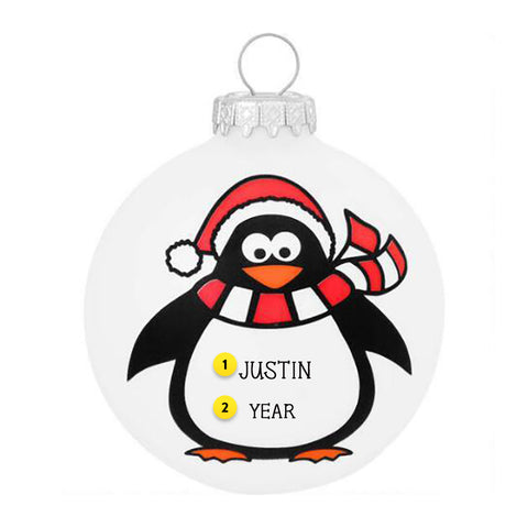 Personalized Penguin with Santa Hat Glass Ornament