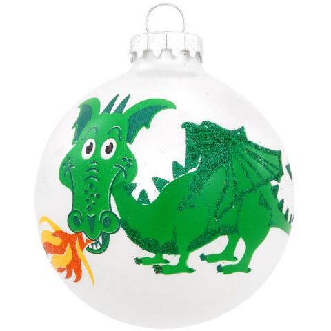 Green dragon breathing fire glass bulb ornament