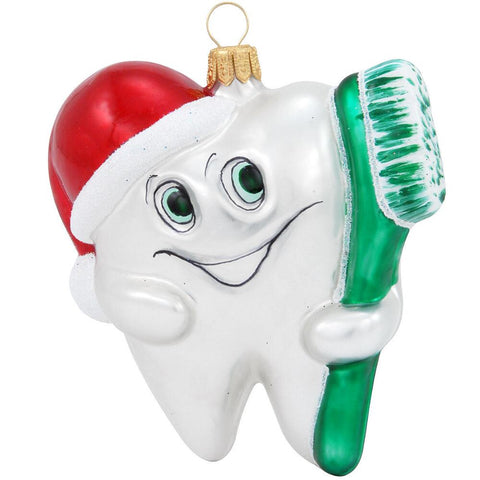Tooth with Brush Glass Christmas Ornament