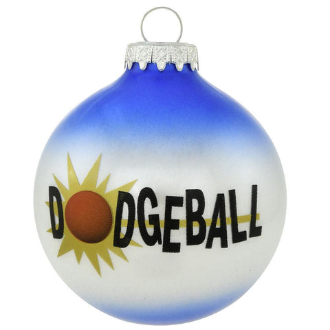 Dodgeball words across blue and white glass bulb ornament