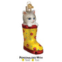 Grey and White Kitten In yellow and red rain boot 