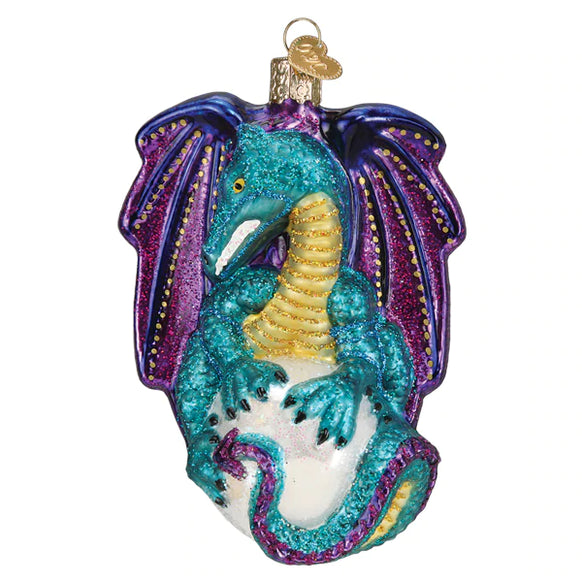Glitter Covered, Purple, Teal and Yellow Glass Fantasy Dragon Christmas ornament
