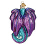 Back of Glitter Covered, Purple, Teal and Yellow Glass Fantasy Dragon Christmas ornament