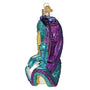 Side of Glitter Covered, Purple, Teal and Yellow Glass Fantasy Dragon Christmas ornament