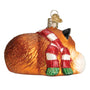 Back of Glitter covered glass orange fox curled up with scarf ornament