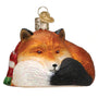 Glitter covered glass orange fox curled up with scarf ornament