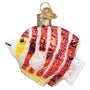 Side of Peppermint Angelfish ornament, glitter covered, red and white striped