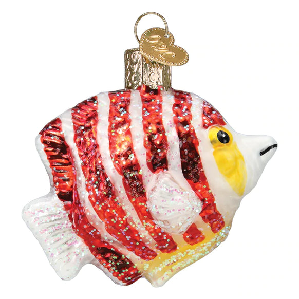 Peppermint Angelfish ornament, glitter covered, red and white striped