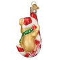 Back of Tan Christmas Mouse sitting on a candy cane with a Santa hat