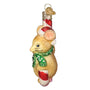Side of Tan Christmas Mouse sitting on a candy cane with a Santa hat
