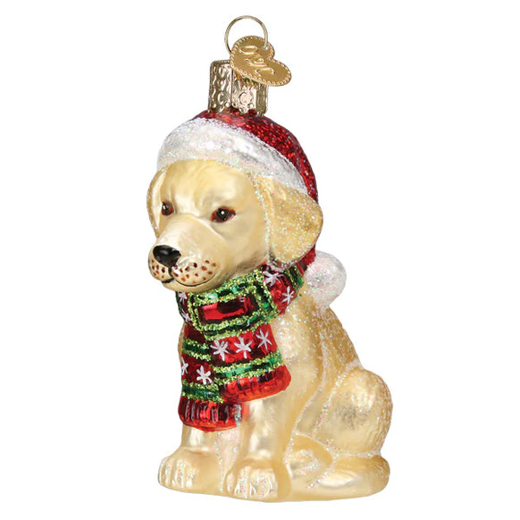 Yellow Labrador Puppy with Santa Hat and Scarf Ornament