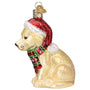 Side of Yellow Labrador Puppy with Santa Hat and Scarf Ornament