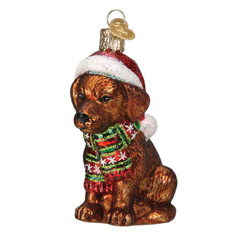 Chocolate Labrador Puppy with Santa Hat and Scarf Ornament
