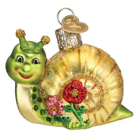 Smiley Snail, Old World Christmas Ornament, Green Snail with Tan Shell and Red & Pink Flowers