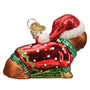 Back side of Dashing Dachshund, Old World Christmas Ornament wearing Santa Hat and  Christmas sweater
