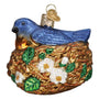 Glass Blue Bird in Nest Christmas tree ornament