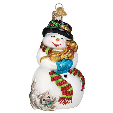 Glass Snowman with Playful Pets Christmas tree ornament 