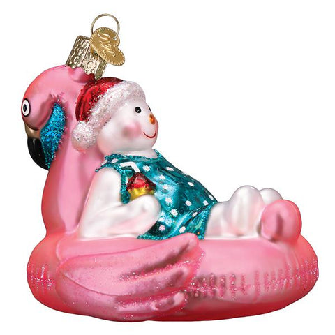 Old World Christmas Snowman in flamingo pool float ornament 