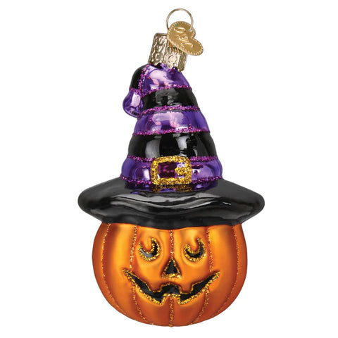 Witch Pumpkin, Old World Christmas Ornament, Jack O' Lantern with black and purple witch hat