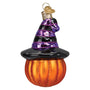 Back of Witch Pumpkin, Old World Christmas Ornament, Jack O' Lantern with black and purple witch hat