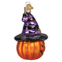 Side of Witch Pumpkin, Old World Christmas Ornament, Jack O' Lantern with black and purple witch hat