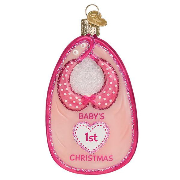 Pink Baby's 1st Christmas Bib Glass Ornament 