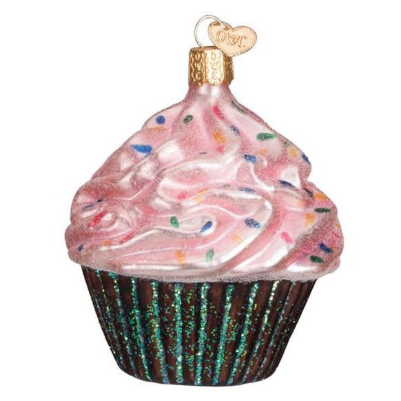 Glass Pink Frosted Cupcake Christmas Tree Ornament