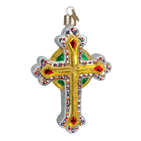 Jeweled Cross Ornament Blown Glass Christmas Ornament