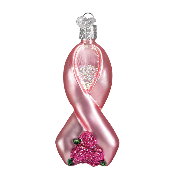Pink Ribbon with Roses Glass Old World Christmas Ornament