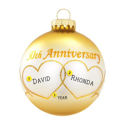 50th Anniversary Gold Ball Ornament with 2 personalized hearts and dated with the year