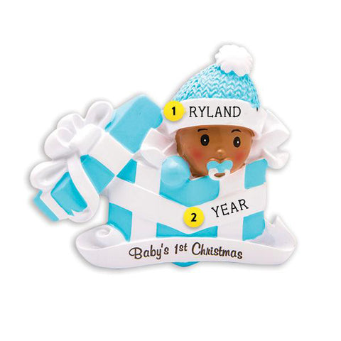 African American Baby Boy in Christmas Present 1st Christmas Ornament Personalized