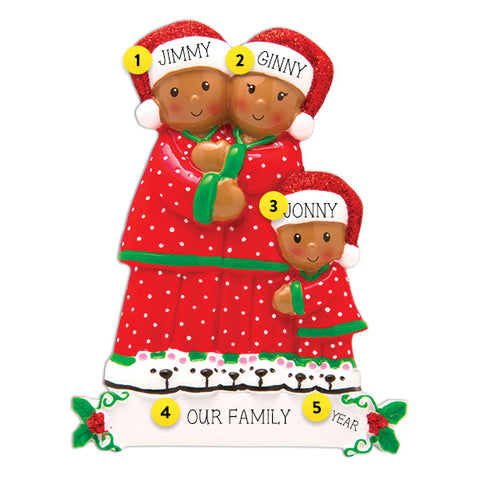 Personalized Pajama Family of 3 Ornament-African American