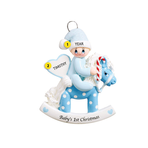 Baby's 1st Christmas Rocking Horse Ornament for a boy Personalized