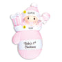 Personalized Baby's 1st Christmas ornament for a girl pink mitten with baby peeking out