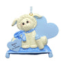 Baby's 1st Christmas ornament for a boy featuring little lamb on a blue pillow with baby bottle and blue heart to be personalized 