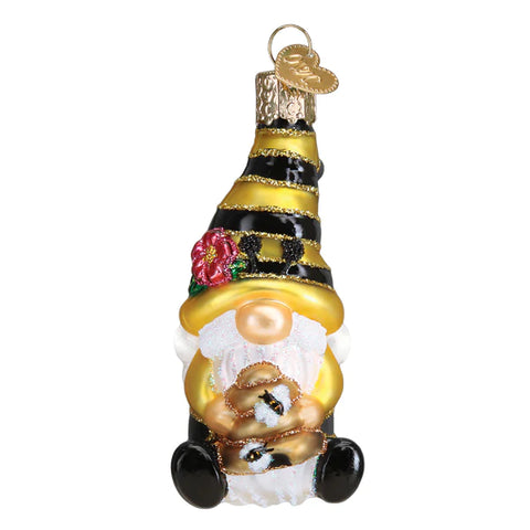 Gnome dressed up in bee outfit glass ornament